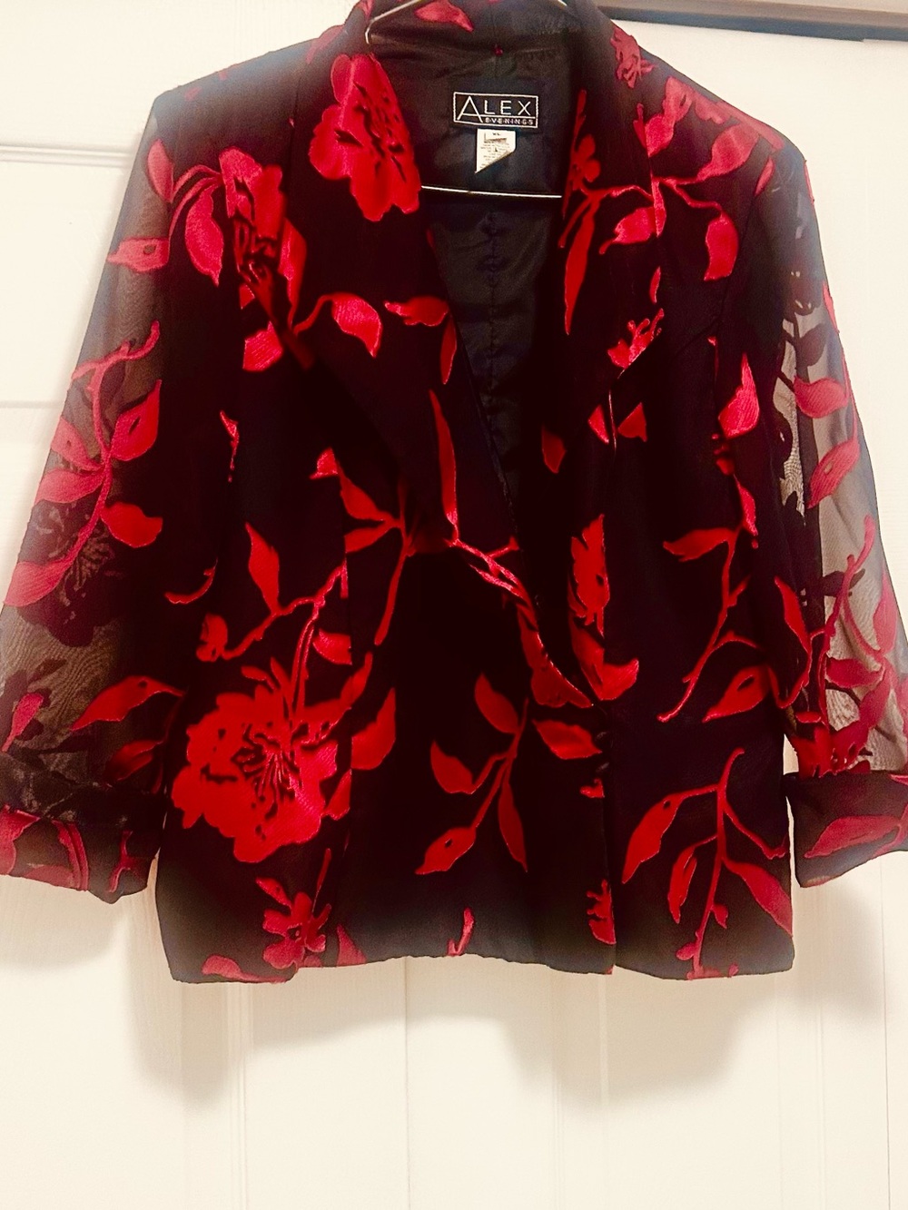 Alex Evenings Black Jacket with Red Floral Burnout - Picture 4 of 8
